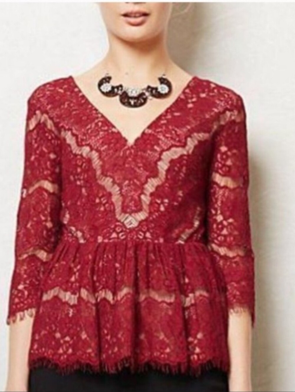 Anthropologie Maeve V-Neck Red Lace Peplum Top Size M